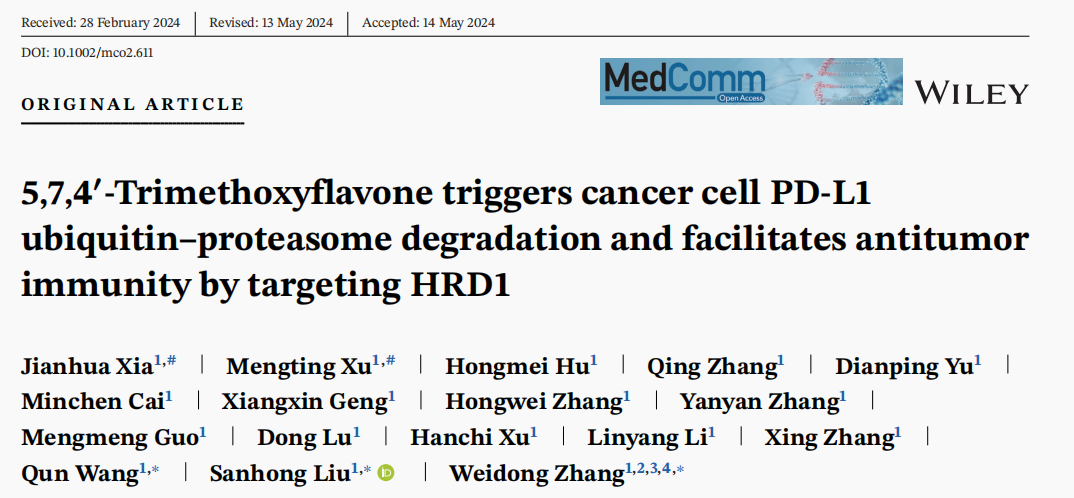 beat365官网刘三宏和海军军医大学张卫东团队发表论文揭示中药来源的小分子芹菜素三甲醚的抗肿瘤作用机制